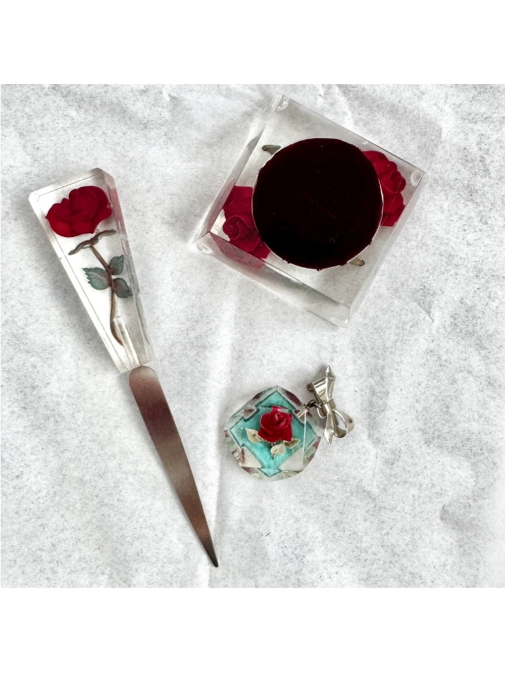 🌹 Vintage 1950s Reverse Carved Lucite Rose Set Letter Opener, Pendant Pincushion